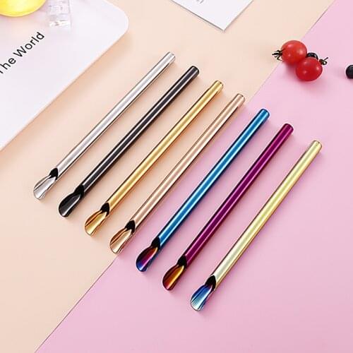 100Pcs Straw Spoon Reusable Portable Durability Stirring Spoon Convenient Drinking Straw Stainless Steel Tableware Kitchen