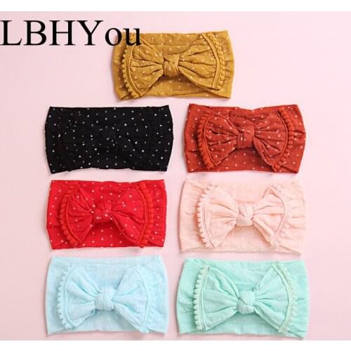 20pcs/lot Newborn Baby Girls Polka Dot Width Nylon Headbands With Pompom Trims Soft Stretchy Bows Turban Head Bands Head Wraps