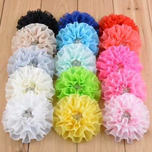 20pcs/lot 3.54 Inch Handmade Chiffon Flowers with Rhinestone Fabric Flower For Headband Accessories Free Shipping FH46