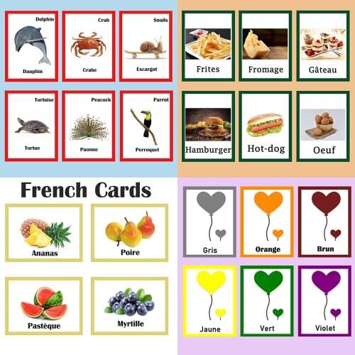 85Pcs/Set Kid Flashcards Animals/Fruit/color/food Preschool Education learn French word Cards for Children learning English Toys