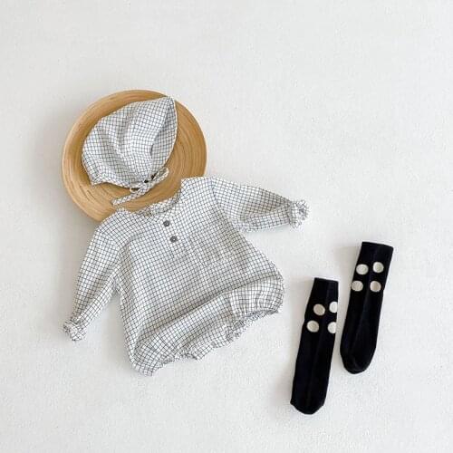 Baby Girls Autumn Clothing Baby Lattice Plaid Printing Round Neck Long Sleeve Toddler Romper Jumpsuit With Hat Overalls Outfits