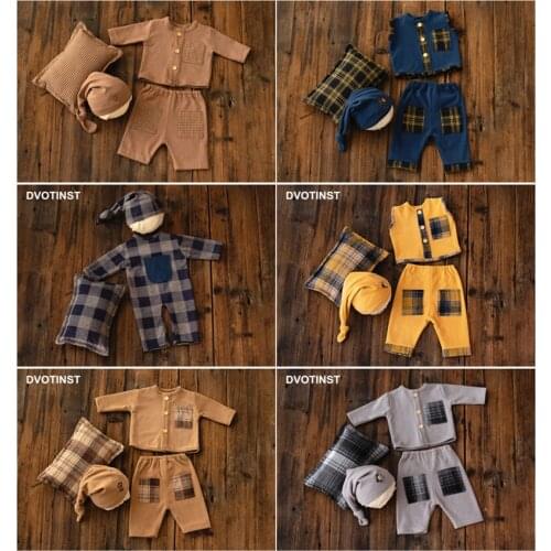 Dvotinst Newborn Baby Photography Props British Grid Outfits Tops Pants Hat Pillow 4pcs Accessories Studio Shooting Photo Props