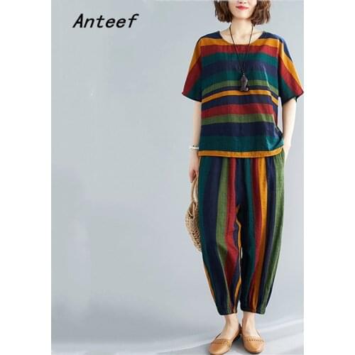 Cotton linen plus size vintage summer casual 2 two piece set loose tee t shirt women t-shirt ladies tshirt 2021 tops Harem pants