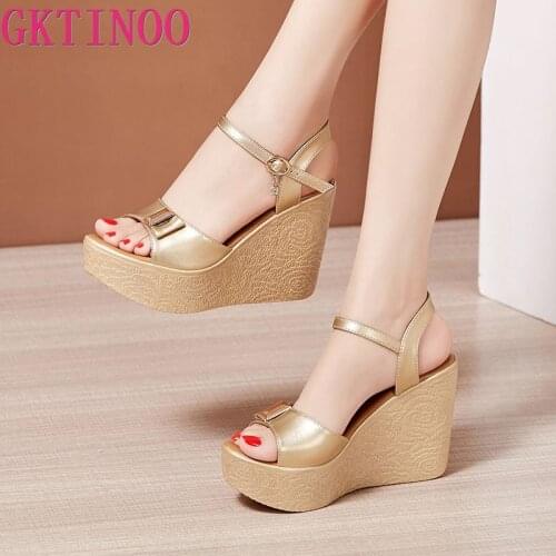 GKTINOO 2021 New Open Toe Platform Sandals Women Shoes Bow High Heels Wedges Sandals Ladies Elegant Office Sandals Gold