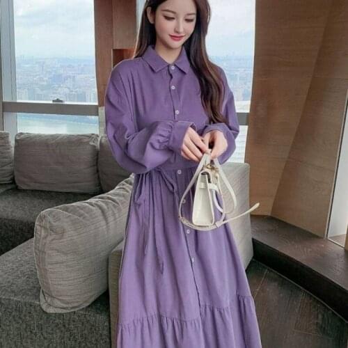 Hstar Spring Summer Women Oversize Long Shirt Dress Turn-Down Collar Button Solid Vintage Elegant Dress