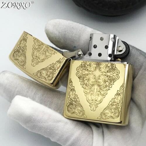 Zorro Kerosene Lighter Pure Copper Brass Carving Tang Grass Flower Pattern Gasoline Lighter Men Gift Outside Tool