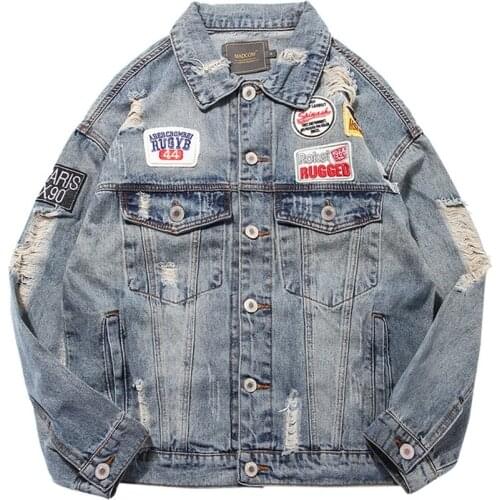 Autumn American Streetwear Fashion Casual Men Jacket Blue Color Patches Spliced Coats Ripped Denim Jacket Men Hip Hop Outwear