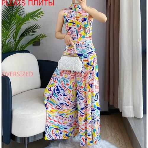2021 Summer New Miyake Fold Fashion Printed Vest Wide-leg Pants Suit Show Thin Two-piece Suit Pleats Trousers Set Two Piece Set