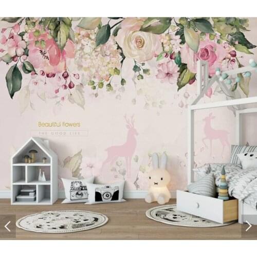ELK Pink Flower Wallpaper Watercolor Mural Wall Art Decals 3D Floral Deer Wall Paper Rolls 3d Wall Murals Contact Paper Custom
