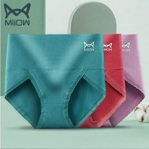 MiiOW Womens Underwear Womens Cotton High-waisted Abdomen Hip-lifting Graphene Antibacterial Crotch Lace Edge Large Ladies