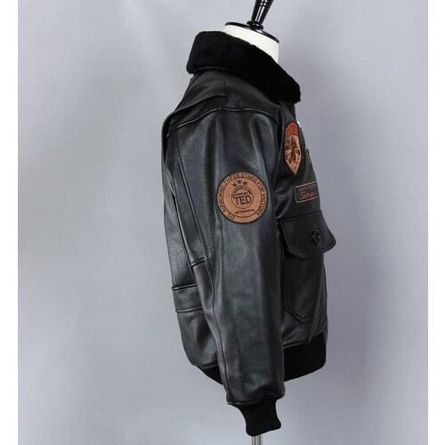 Fly Air Force Black Fur collar Genuine Men Bomber Jacket Cow Motorcycle Real Leather Coat