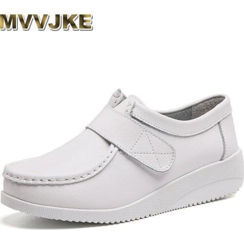 MVVJKE Women White Nurse Casual Shoes Leather Leisure With Fur Warm Female Loafers Slip On Soft Light Platform Hospital Working