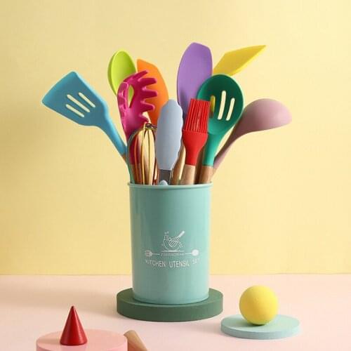 12-Piece Colorful Silicone Kitchen Utensil Cooking Tools Set Non-Stick Pan Spatula Spoon Wooden Handle With Holder