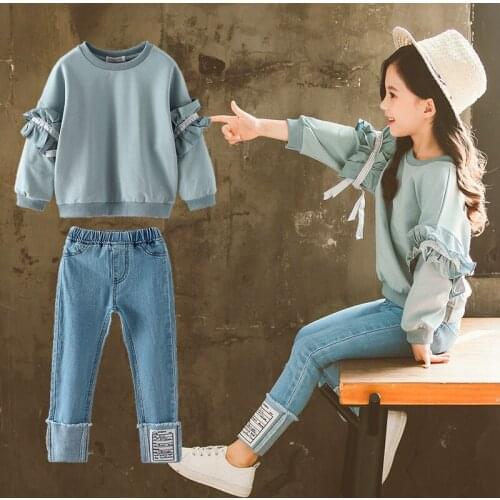 2020 New Girls Boutique Outfits Teen Girls Clothes Childrens Clothing Suits Top Demin Pants Suit 2pcs Teenager Clothing Sets