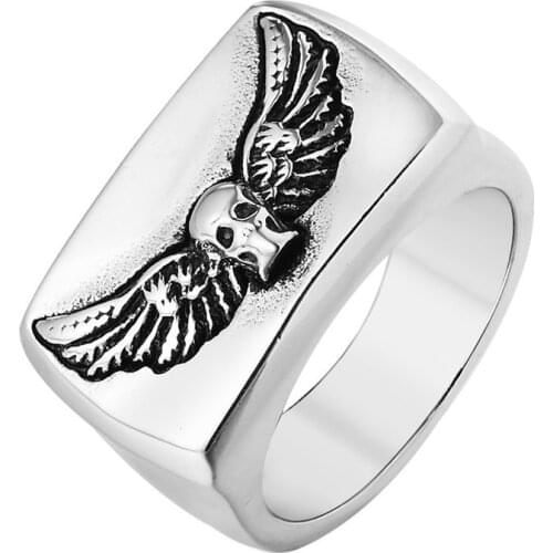 New Cool Style Golden Fashion Skull Ring With Wings 316L Stainless Steel Mens Fashion Motor Biker Wings Rings Man Gift OSR665