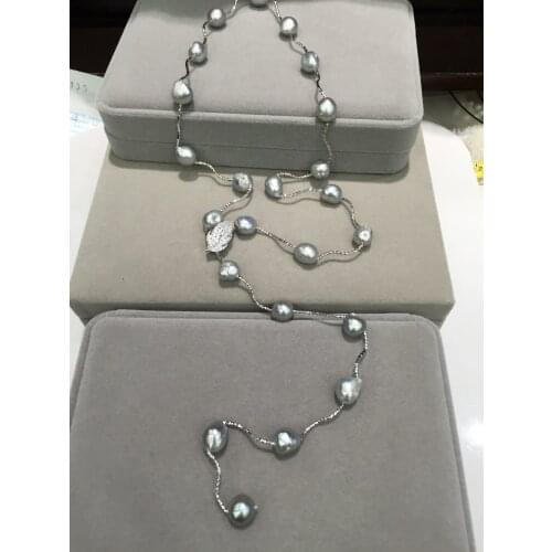 Baroque Nature Fresh water Pearl necklace and earring jewelry set Grey with leaf lock free shipping Y style necklace