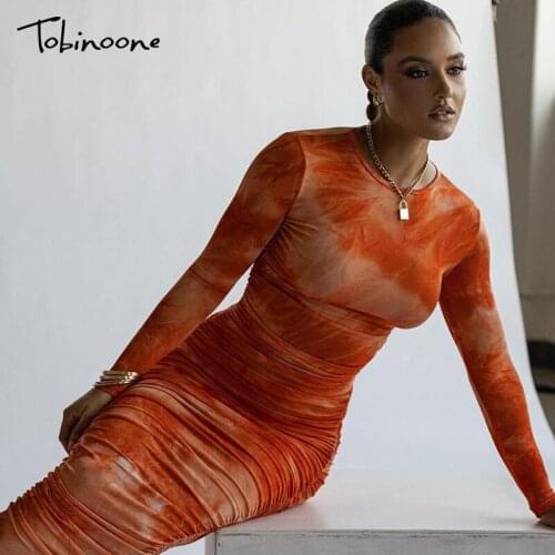 Tobinoone Tie-Dye Print Ruched Christmas Dress For Women Long Sleeve Sexy Autumn Bodycon Dress Pleated Casual Party Long Dress