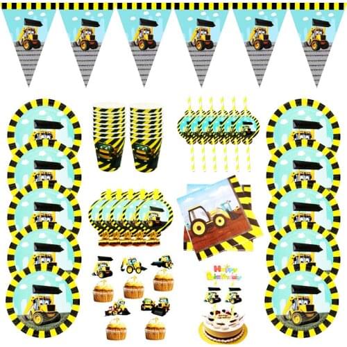 Cartoon Tractor Excavator Theme Party Disposable Tableware Plates Napkins Straws Baby Shower Birthday Party Decor Kids Supplies