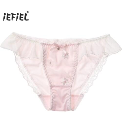 Mens Bowknot Rhineston Decor Panties Ruffled Lace Trim Low Waist Underpants Flower Embroidery Underwear Elastic Waistband Briefs