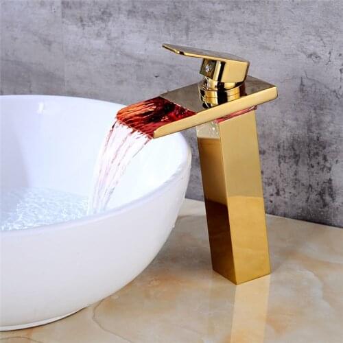 Bathroom Basin faucets With LED Light Total Brass Sink Mixer Taps Hot and Cold Waterfall Faucets Golden Bathroom Crane Torneira