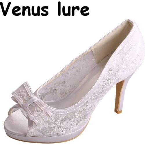 Venus lure White Shoe with Bow 10CM Heel for Bride Platform Ladies Shoes Peep Toe