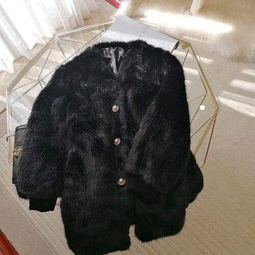 HIGH QUALITY 2020 winter thick warm single breasted v-neck faux fur coats medium long hairy fake fox fur outerwear black A221