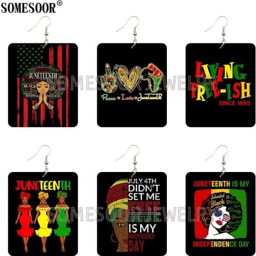 SOMESOOR Jewelry Celebrating African American Independence Day Rectangle Wood Both Sides Print Dangle Earrings For Women