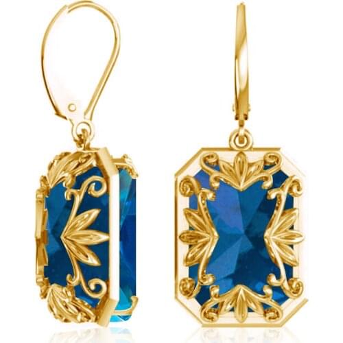 Trendy Dangle Earrings Women 585 Gold Plated Blue Topaz Gemstone Real 925 Silver Earrings Long Fine Jewelry Earrings