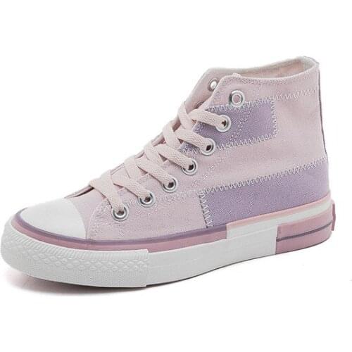 2021Womens Vulcanize Shoes Casual Lattice Stitching High Gang Shoes Ladies Lace Up Breathable Walking Canvas Zapatos De Mujer