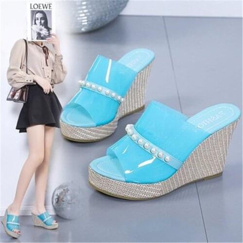 Women 10 CM High Heels Slippers Jelly Transparent Summer Chunky Shoes For Female Platform Wedges Mules Ladies Slides Plus 35-42