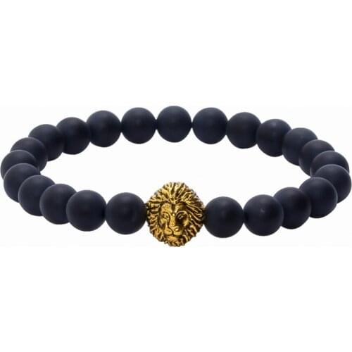 2017 Hot Sale Beaded Bracelet Buddha Leo Lion Head & 8mm Matte Black Stone Beads Elastic Rope Pulseras Colar