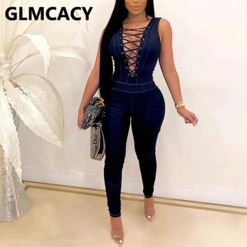 Women Sleeveless V Neck Denim Jumpsuit Lace Up Skinny Overalls