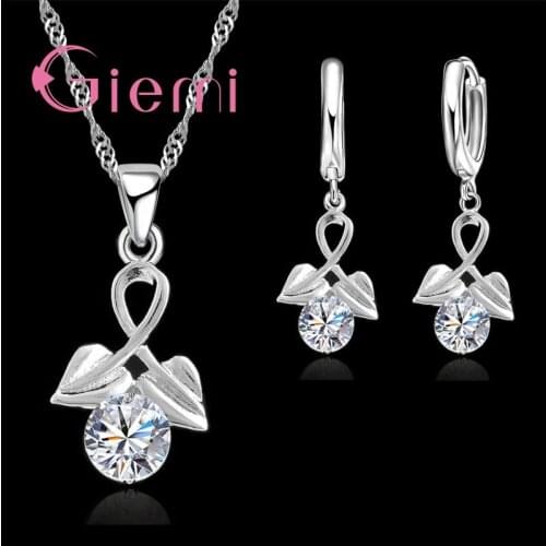 Elegant 925 Sterling Silver Round Austrian Crystal Pendant Necklaces Drop Earrings Sets Women Accessory Wholesale