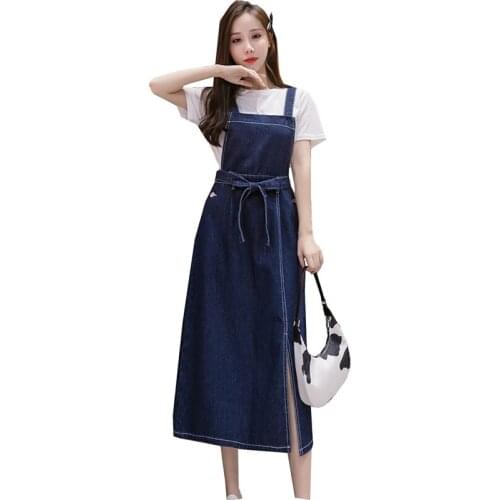 Oversize Womens Retro Denim Strap Dress Women Spring New Pullover Denim Dress Loose And Thin Waist Mid-length Blue Dress Female