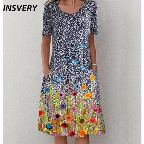 Vintage Party Dress 2021 Short Sleeve Dress Women O Neck Casual Spring Summer A-Line Print Loose Plus Size Dresses For Women