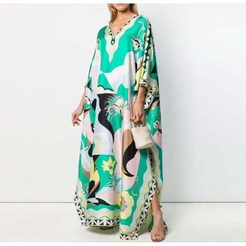 Vintage Floral Printed Summer Beach Dresses Women Sexy V-neck Split Long Party Dress 2021 New Spring 3/4 Sleeve Loose Maxi Dress