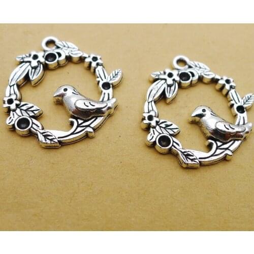 10PCS/Lot 21mm*20mm Antique Silver Color Circle Flower Charms Bird Charm Pendant For Jewelry Making DIY