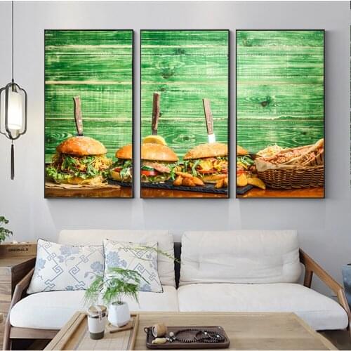 3 Panels Delicious Hamburger Wall Art Canvas Prints Realist Modular Pictures Restaurant Wall Decor Canvas Art Paintings Cuadros