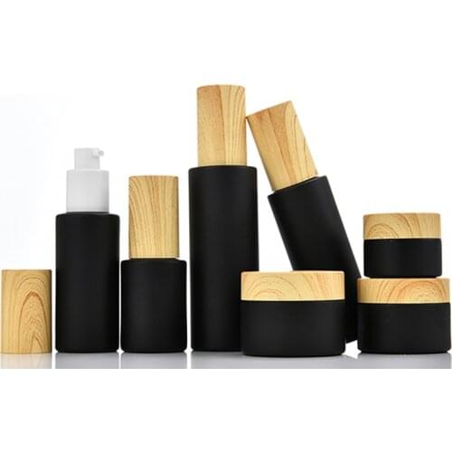 30ML~100ML Perfume Mist Spray Bottle Matte Black Refillable Cosmetic Glass Emulsion Lotion Pump Bottle With Wooden Pattern Lid