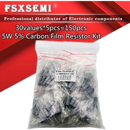 30values*5pcs=150pcs 5W Power Carbon Film Resistor Kit Assortment Set 1K ohm-820K ohm 0.1R~750R 5% 100K 10K 47K 470K Resistors