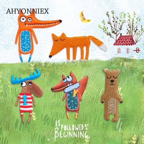 AHYONNIEX 1 Piece Fox Embroidery Animal Patches Bag Jacket Jeans Cartoon Iron On Patches for Clothes Small Glue Sticker