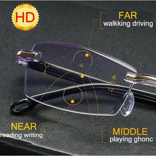 Men Women Rimless Reading Glasses Bifocal Far Near Anti Blue Light Magnification Eyewear Presbyopic Glasses Diopter +150 +200