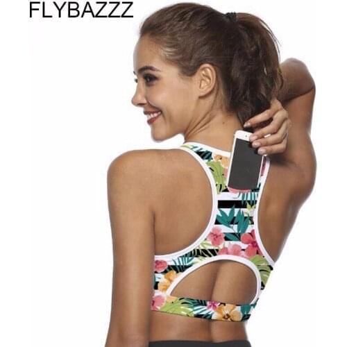 Womens energy Padded Sports Bra With Phone Pocket Racerback Yoga Bra Sportswear Elastic Push Up Running Bra Print Gym Crop Top