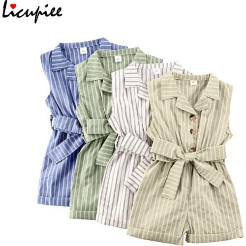 4 Colors Summer Toddler Baby Girls Rompers Overalls Striped Print Sleeveless Turn Down Button Jumpsuits 1-6 Years