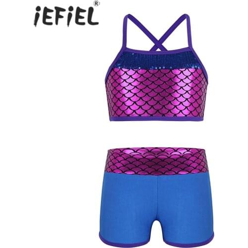 Kid Girls Two Pieces Sports Dance Outfit Gymnastic Workout Leotard Sequins Mermaid Printed Crop Tops Bra with Short Swimwear Set