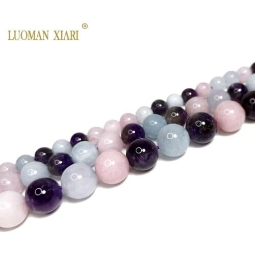 Fine AAA 100% Natural 3 color Rose Quartz Aquamarine Amethys Round Stone Beads For Jewelry Making DIY Bracelet Necklace 6/8/10mm