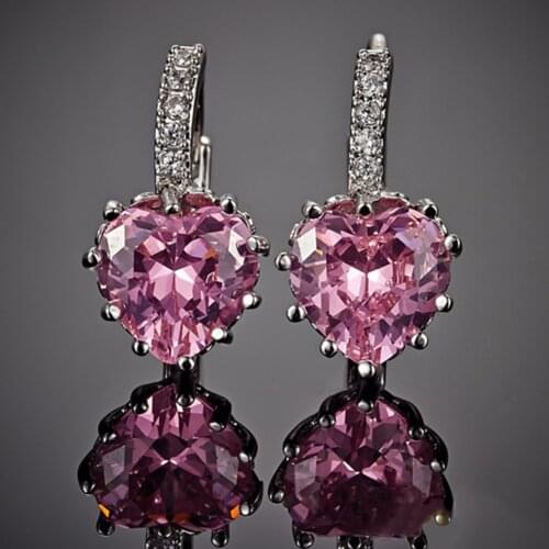 HOT SALES!!! Womens Luxury Pink Love Heart Rhinestone Gold Plated Leverback Hoop Earrings fashion jewelry accessory 17 x 19mm