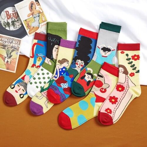 Cartoon Abstract Illustration Cute Socks Women Japanese Korean Harajuku Kawaii Socks Girls Colorful Fashion Cotton Funny Sock