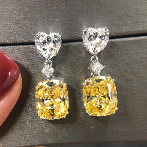 Fashion yellow crystal citrine gemstones diamonds drop earrings for women white gold silver color brincos party jewelry bijoux