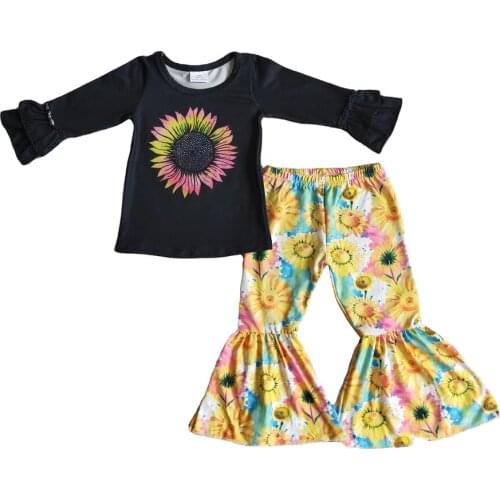 Autumn Winter Girls Clothes Pink Yellow Sunflower Print Black Long-sleeved Blouse And Yellow Flared Trousers Kid Clothing